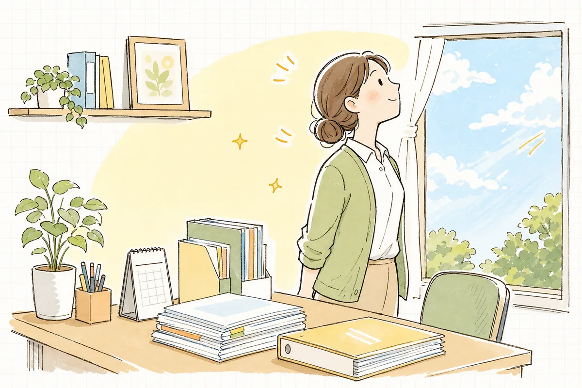 改定準備の段取りを書き終え、片づいたデスクのそばで窓の外の明るい空を見上げてほっとひと息つく介護事業所の事務担当者