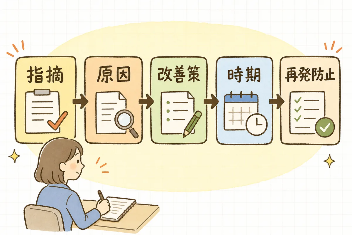 改善報告書を指摘・原因・改善策・時期・再発防止の5つの柱に分けてやさしく整理した図