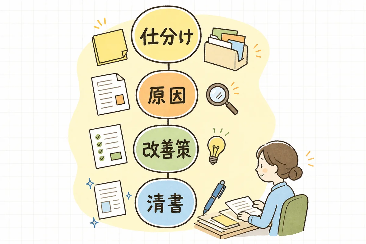 改善報告書を仕分け・写し取り・原因整理・改善策・清書の順で進める手順をやさしく示した図