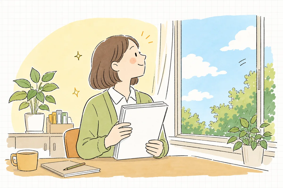 書き上げた改善報告書を手に、窓の外の明るい空を見上げてほっとひと息つく介護事業所の事務担当者
