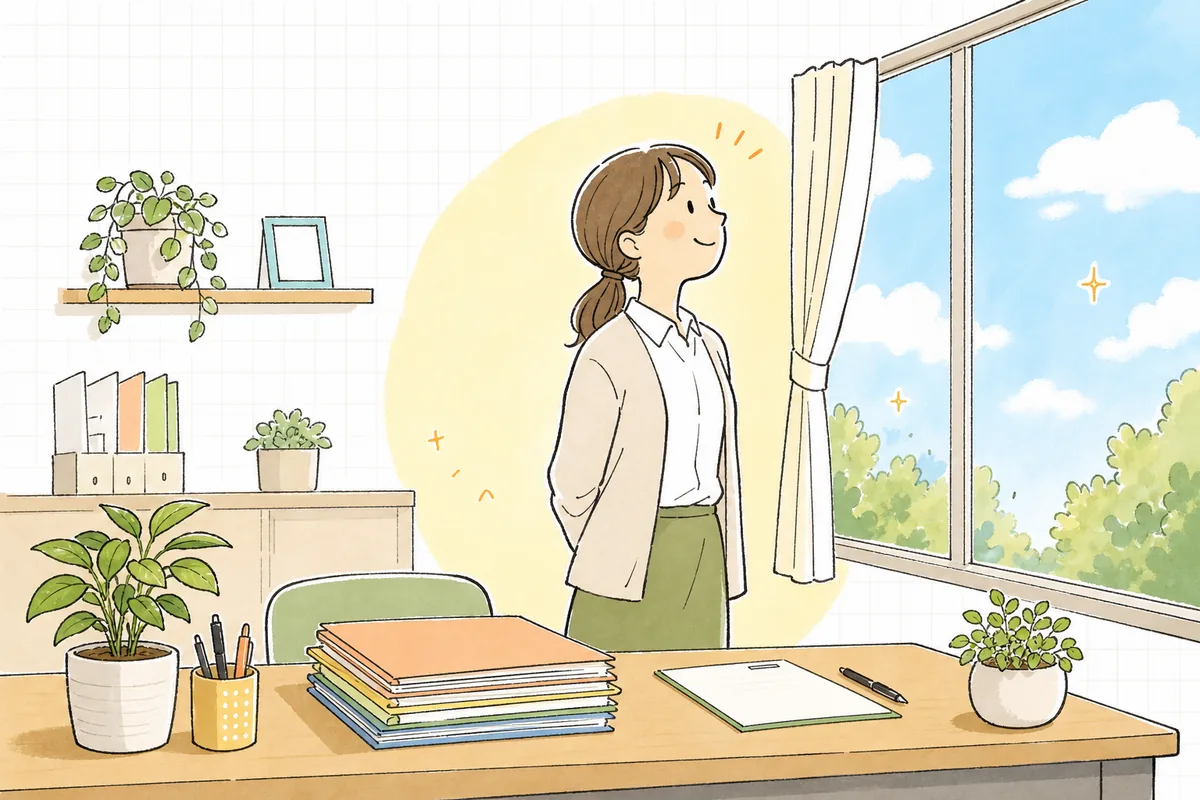 配置の確認を終えて片づいたデスクのそばで、窓の外の明るい空を見上げてほっとひと息つく介護事業所の事務担当者