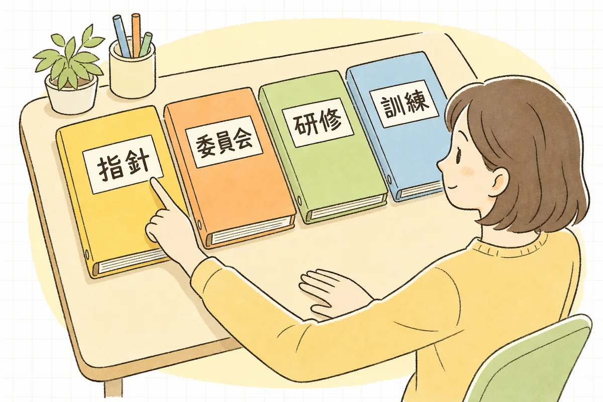 指針・委員会・研修・訓練という4つの取組を、左から順にひとつずつ確かめていく介護事業所の事務担当者の手元