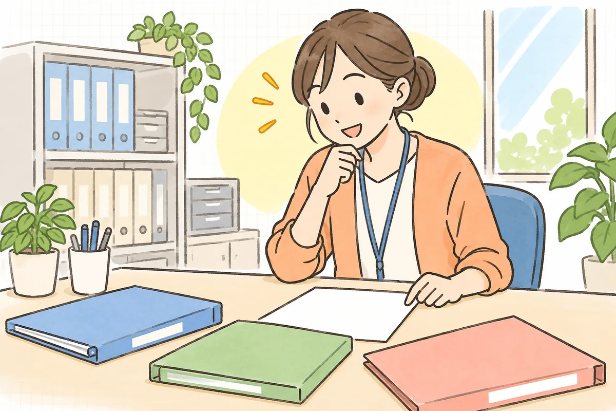 介護事業所の事務室で、机に並べた数冊のファイルと1枚の一覧表を見比べながら、どこに何があるかを整理しようとしている事務担当者