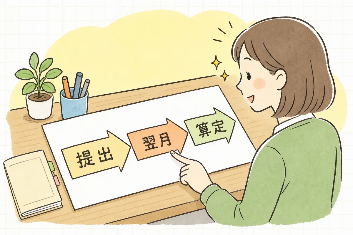 「いつから算定」「前月までに提出」「翌月から算定」の流れを左から右へ矢印でたどり、提出のタイミングをつかんで表情がやわらぐ介護事業所の事務担当者