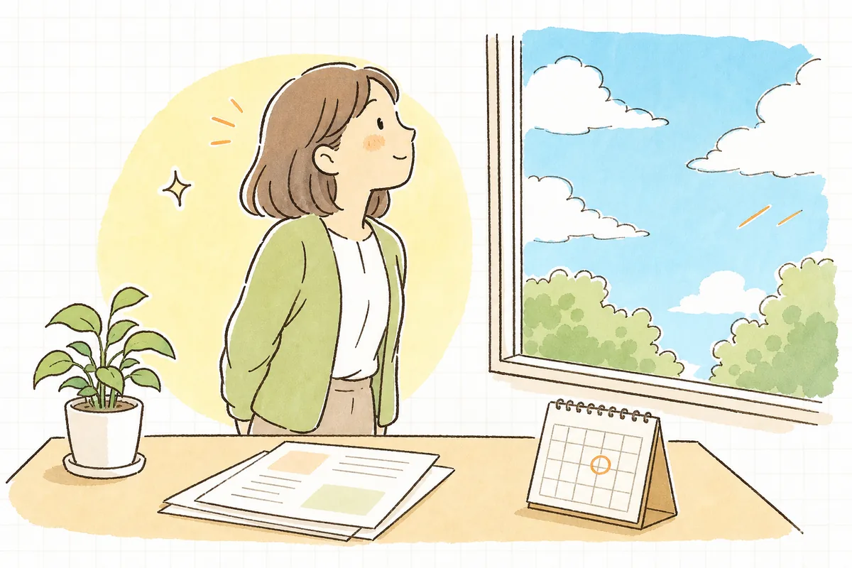 体制届を提出し終え、印をつけたカレンダーのそばで窓の外の明るい空を見上げてほっとひと息つく介護事業所の事務担当者