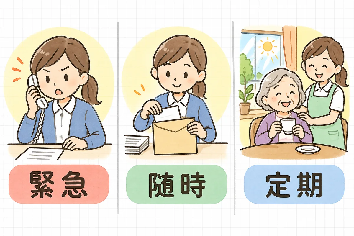 ご家族への連絡を、救急の場面・書類の案内・ふだんの様子の3種類に分けて横に並べた図