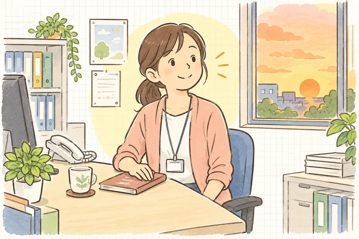 夕方の事務室で、ご家族との電話を終えてほっとした笑顔を見せる介護事業所の事務担当者
