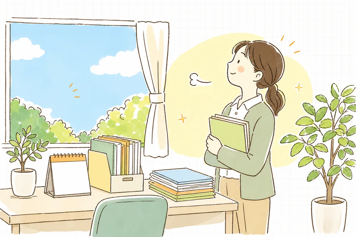 経過措置の一覧と期限を書き終えて、片づいたデスクのそばで窓の外の明るい空を見上げてほっとひと息つく介護事業所の事務担当者