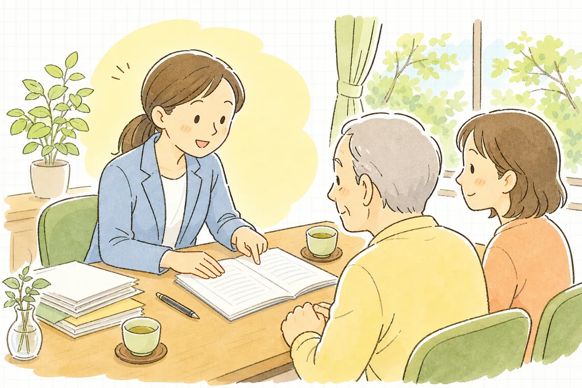 面談テーブルで重要事項説明書を指でなぞりながら、ご本人とご家族にやさしく契約の説明をしている介護事業所の相談員