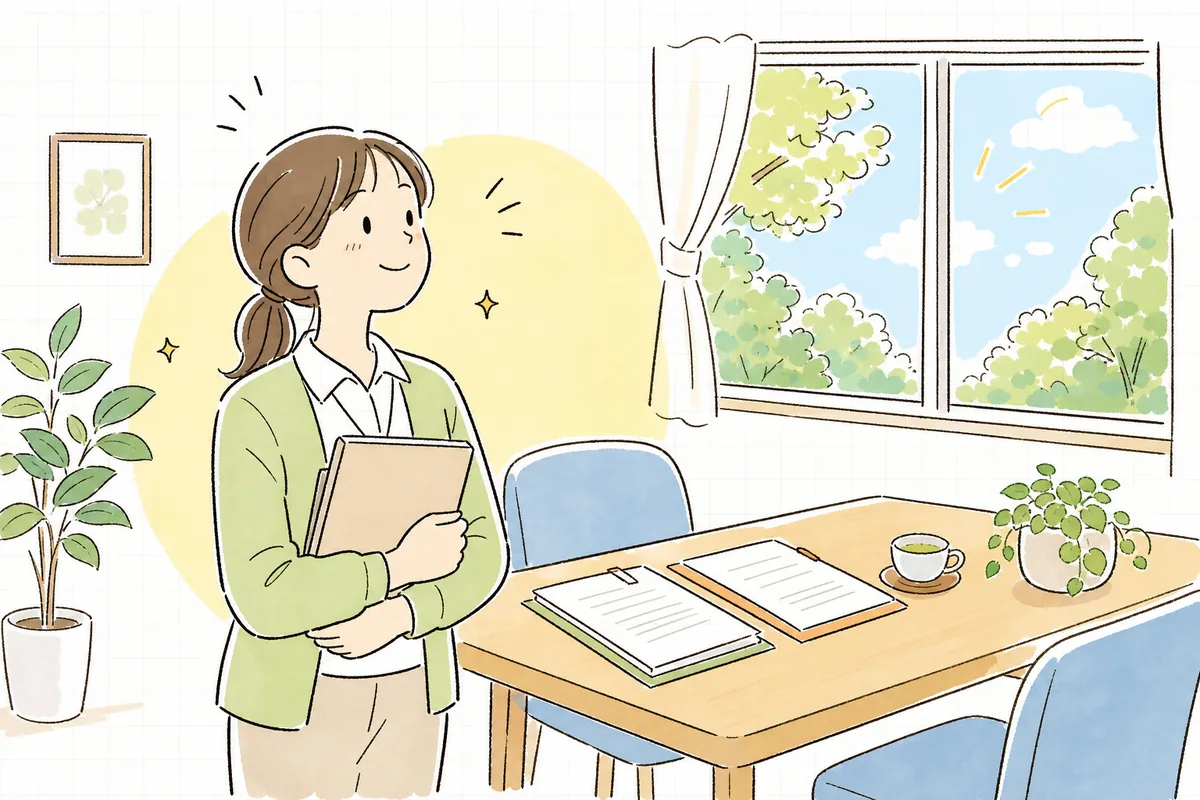 契約説明を終え、控えの書類をご家族に手渡してお見送りしたあと、片づいた面談スペースで肩の力を抜いてやわらかくほほえむ介護事業所の相談員