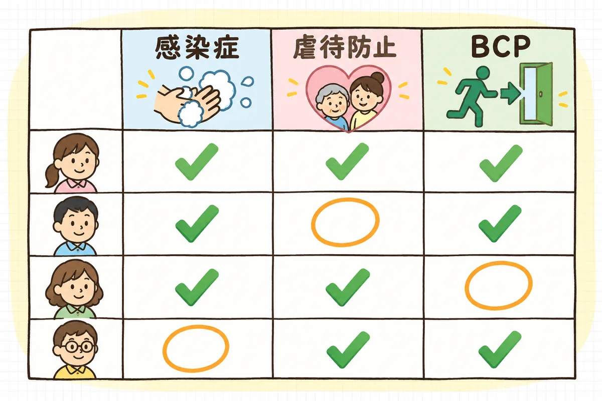 受講管理表の考え方を示す図。左に縦に並んだ職員の顔のアイコン、上に横に並んだ研修のアイコン、交わるマス目に受講済みのチェックと、空いたままのマスが見える