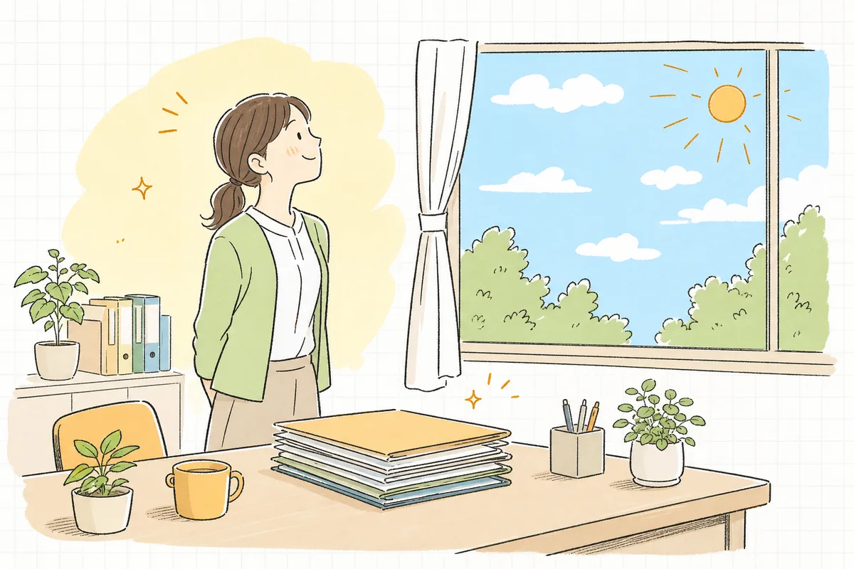 記入を終えて片づいたデスクのそばで、窓の外の明るい空を見上げてほっとひと息つく介護事業所の事務担当者