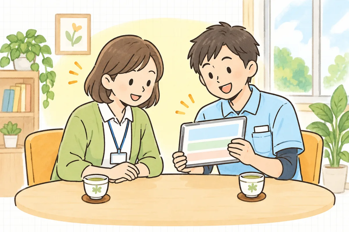 介護事業所の休憩スペースで、事務担当者と介護職員が並んで座り、タブレットを一緒に見ながら笑顔で話している様子