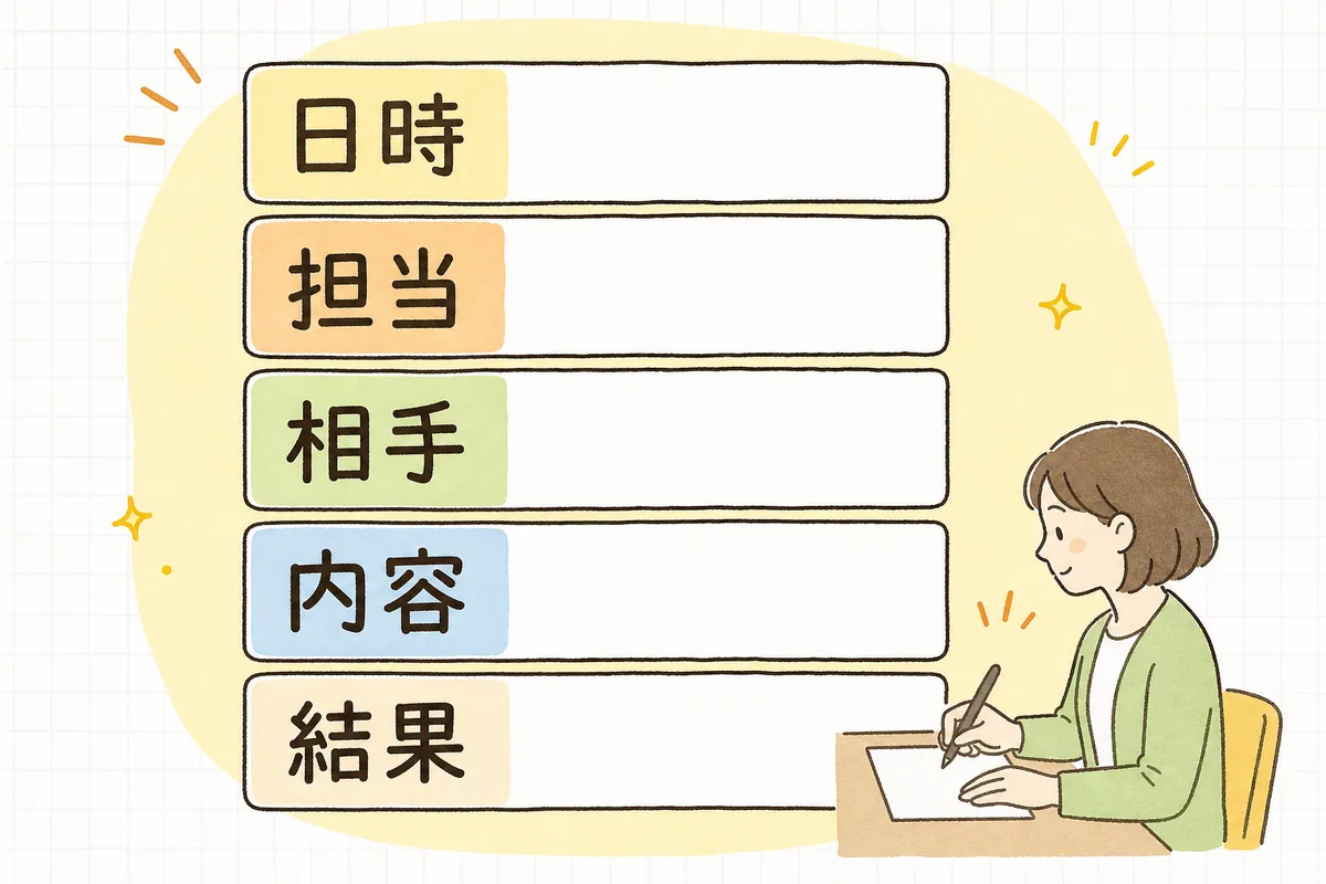 指導に強い記録に入れたい5つの要素を「いつ・誰が・誰に・何を・どうした」の順に並べた説明図