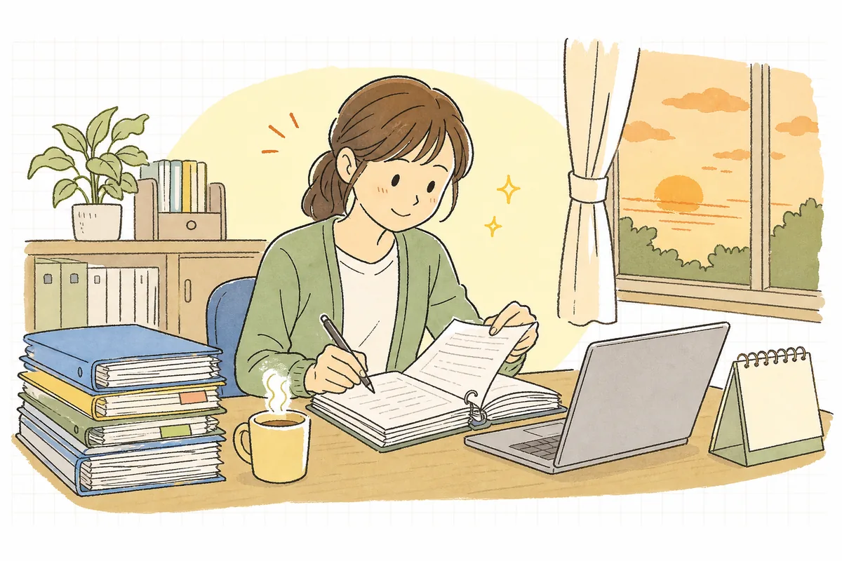 夕方の事務室で、日々の介護記録を1枚ずつ見返しながら落ち着いてペンを走らせる介護事業所の事務担当者