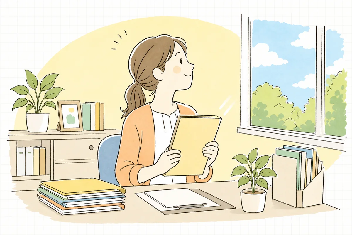 整え終えた計画書のファイルを手に、晴れた窓の外を見てやわらかく安心した表情でほほえむ介護事業所の事務担当者