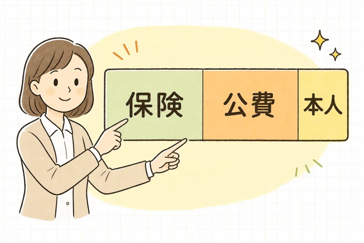 介護費用を介護保険・公費・本人負担の順にみていくことを示した重なりの説明図