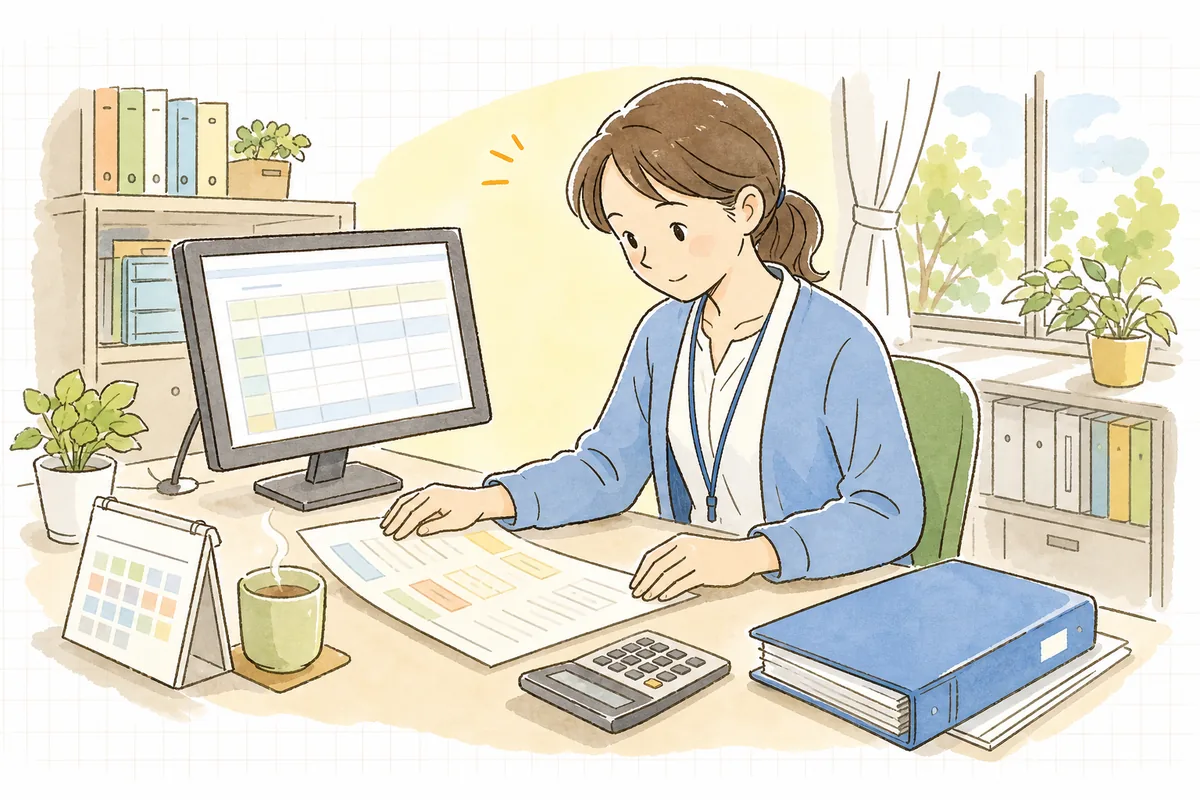 事務室の机で、福祉事務所から届いた介護券と請求ソフトの画面を見比べながら、公費併用の利用者の請求を落ち着いて確認している介護事業所の事務担当者