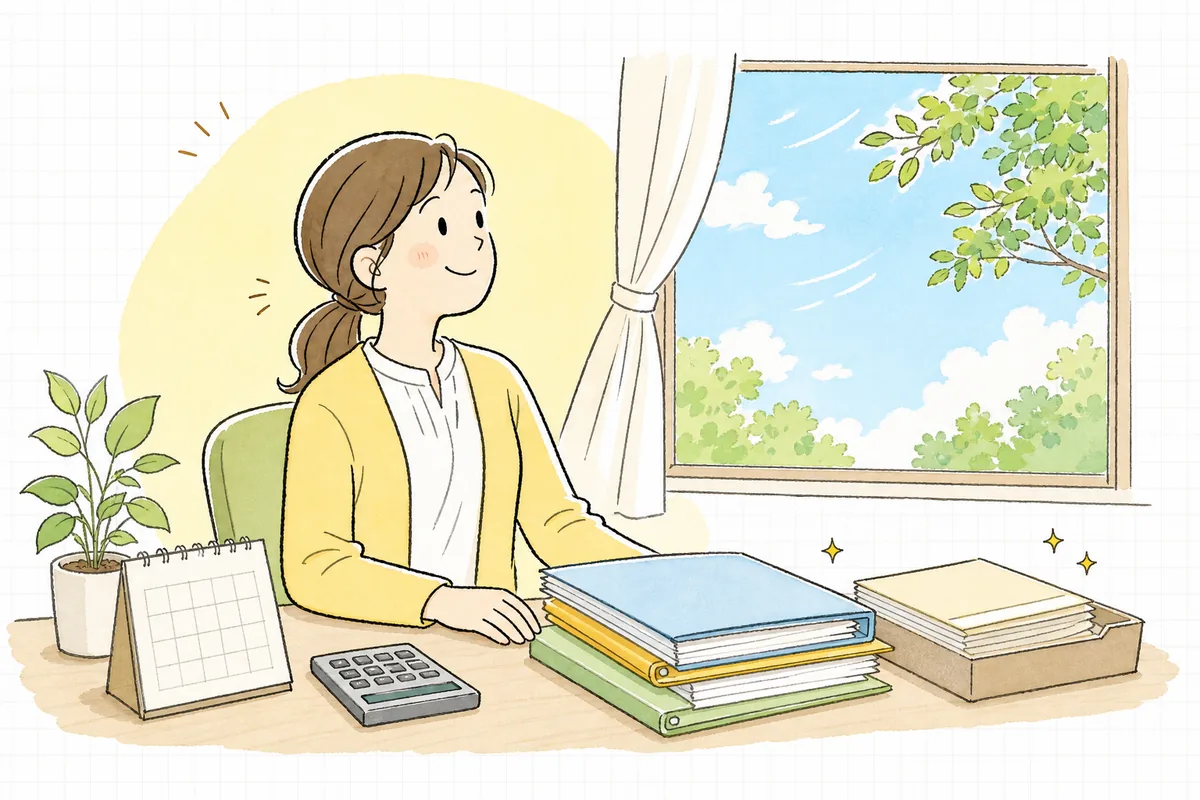 公費併用の請求を無事に送り終え、片づいた机のそばで肩の力を抜いてほほえむ介護事業所の事務担当者