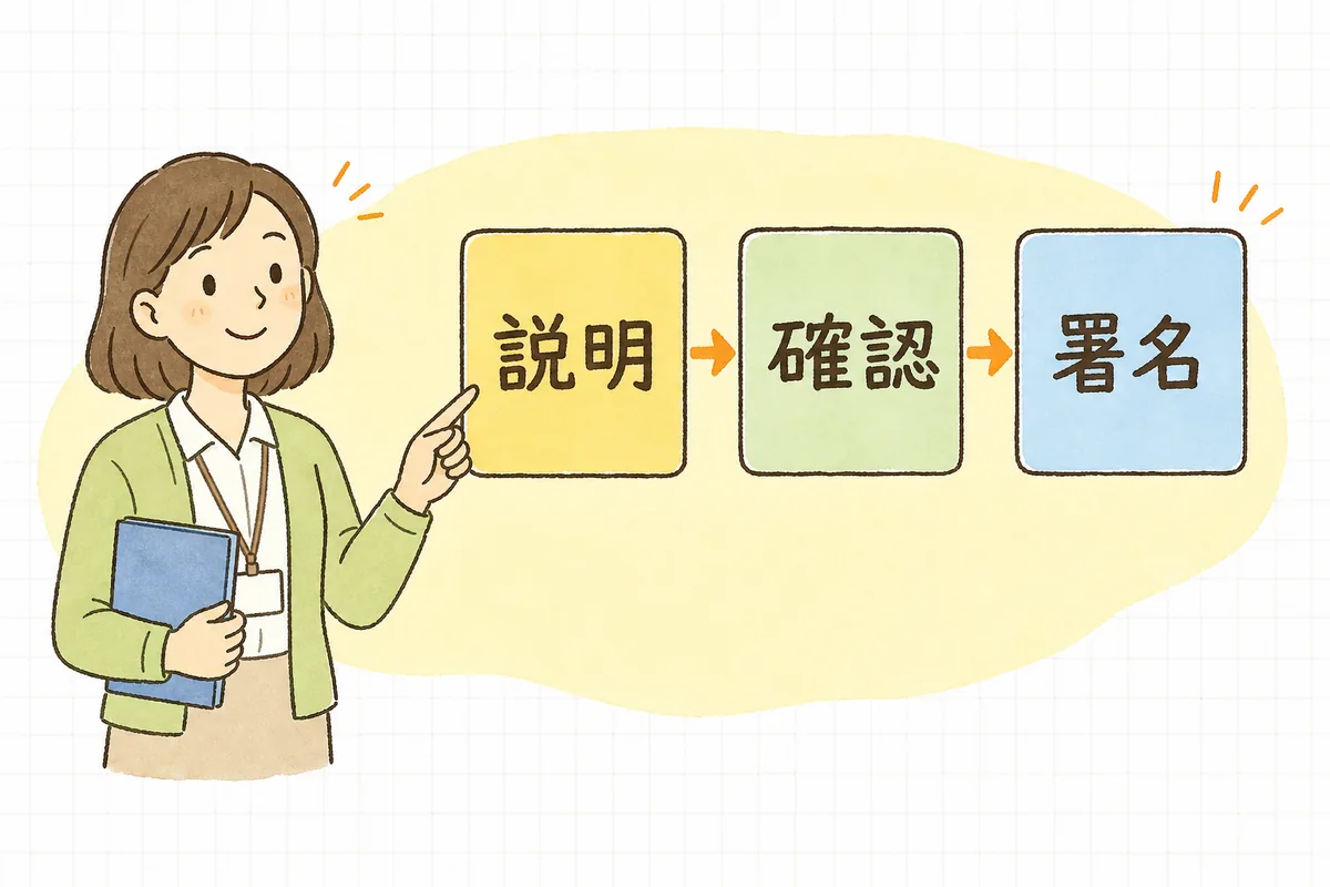 契約時の同意取得の流れを「説明する・確認する・署名をもらう」の3つの箱で示した説明図と、それを指し示す介護事業所の事務担当者