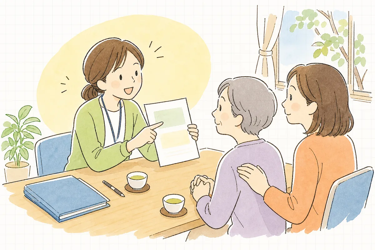 契約の面談で利用者本人とご家族に個人情報の利用目的の書面を見せながら、やさしく説明して同意を得ている介護事業所の事務担当者