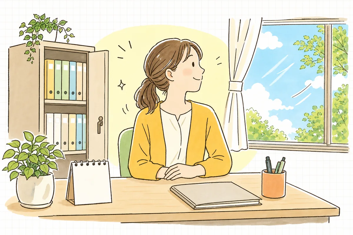 個人情報の同意書を整えてファイルにしまい、片づいたデスクのそばで晴れた窓の外を見て、肩の力を抜いてやわらかくほほえむ介護事業所の事務担当者