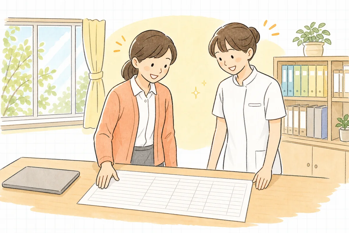 明るい事務室で、事務担当者と歯科衛生士が並んで一覧表をのぞき込み、ほっとした表情でほほえんでいる場面