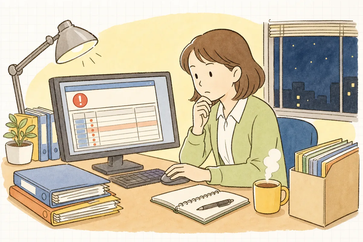 事務室で伝送ソフトのエラー表示が出たパソコン画面を見つめ、通知の内容を確かめながら原因を探す介護事業所の事務担当者