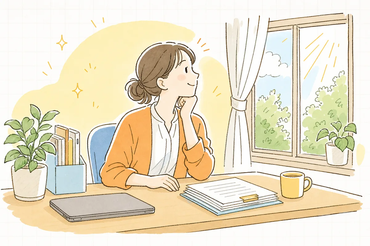 送信し直したデータが無事に通り、片づいたデスクで肩の力を抜き、朝の光の差す窓の外を見てやわらかくほほえむ介護事業所の事務担当者