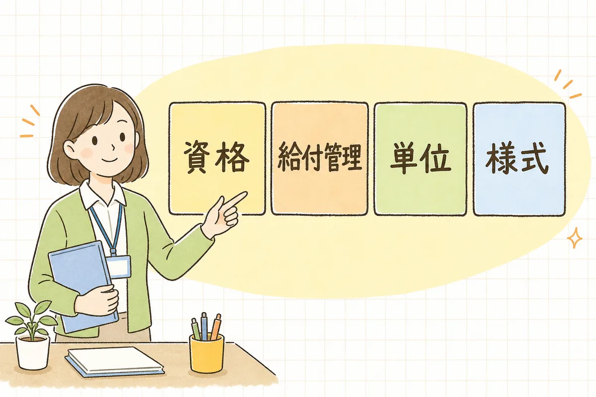 返戻の原因を4つの箱に分けて指し示す介護事業所の事務担当者の説明図