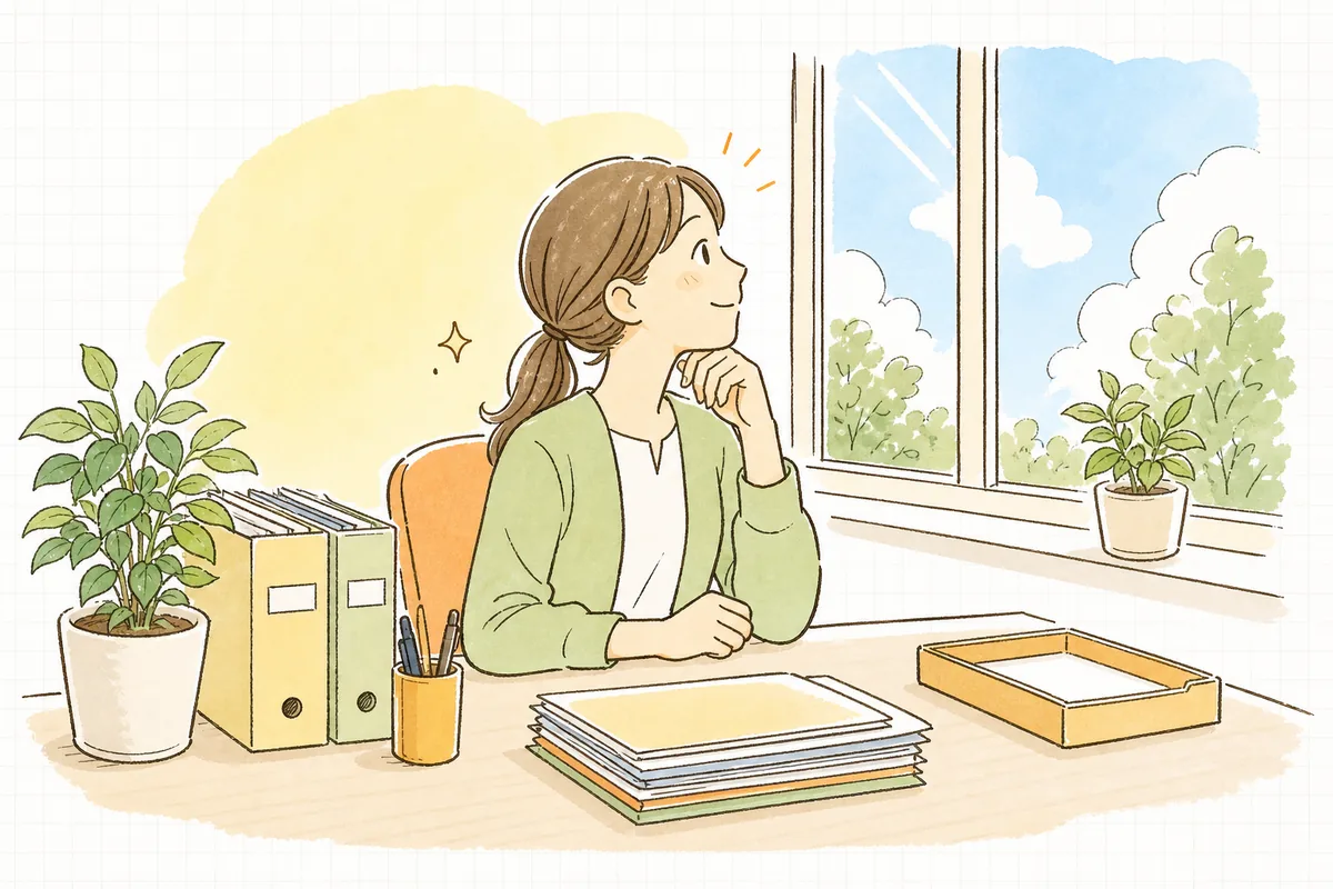 返戻の対応を終え、片づいたデスクで晴れた窓の外を見てやわらかく安心した表情でほほえむ介護事業所の事務担当者