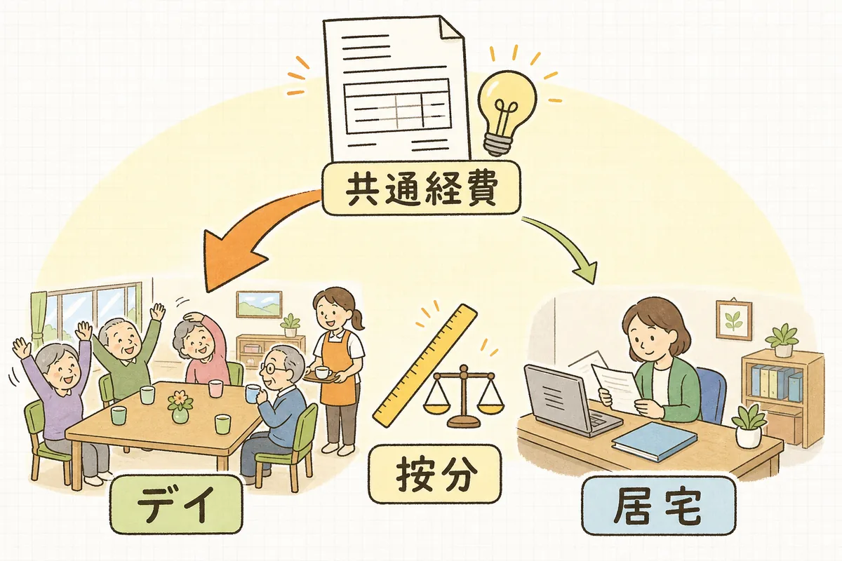 中央の建物の電気代の請求書から、左のデイサービスの部屋と右の居宅介護支援の事務机へ、大きさの違う2本の矢印で費用が分かれていく様子を描いた説明図