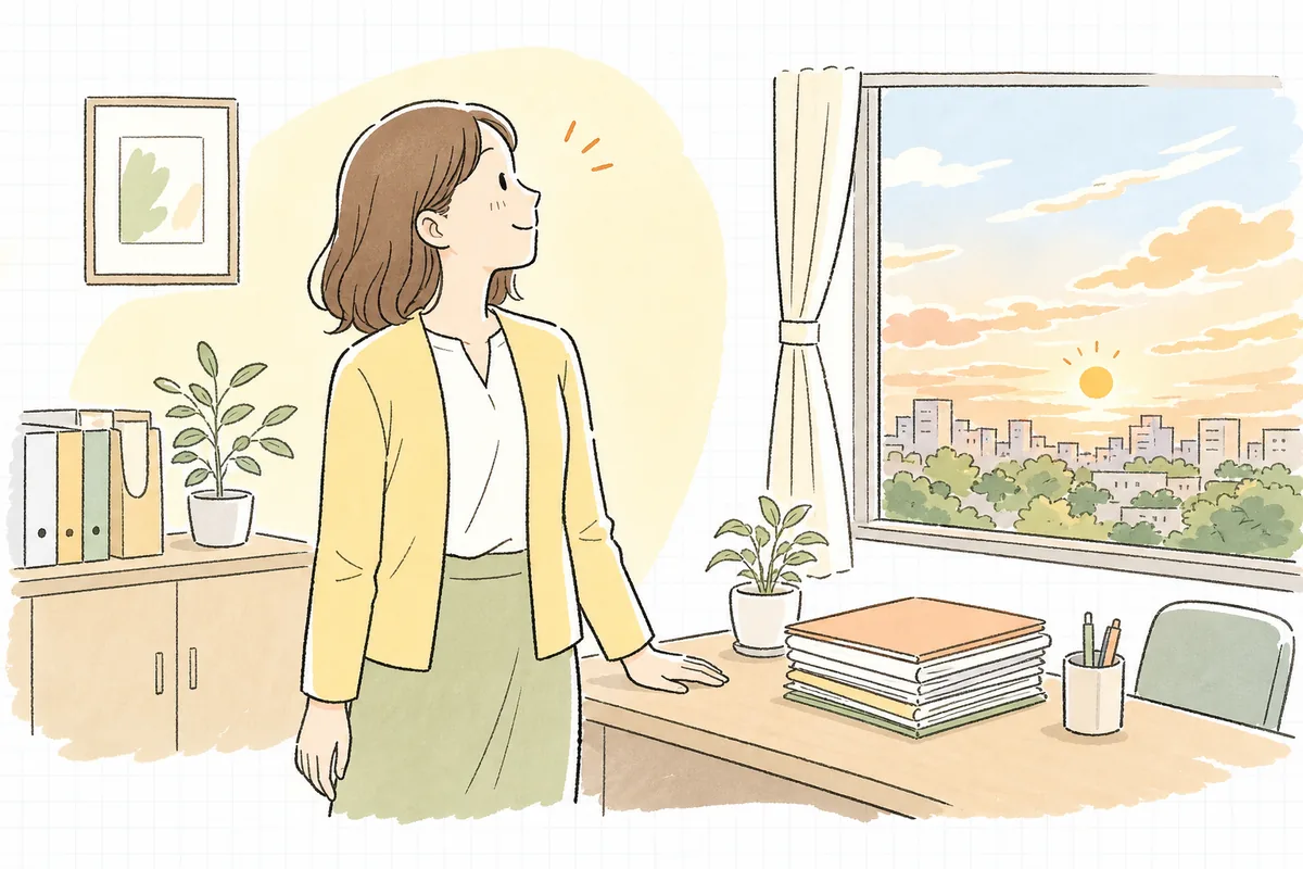 限度額の確認を終え、片づいたデスクのそばで窓の外の夕方の空を見上げてほっとひと息つく介護事業所の事務担当者