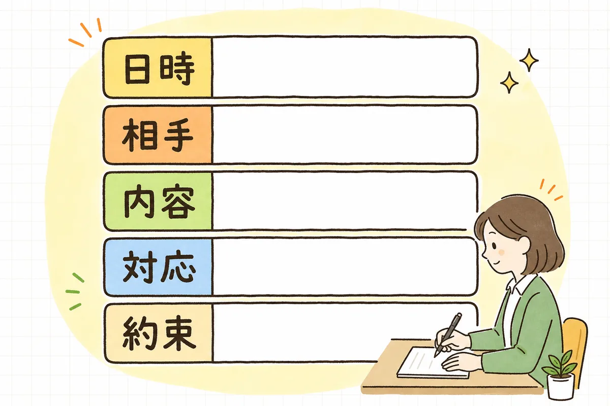 苦情の記録に残す項目を「いつ・誰が・何を・どう対応・次の約束」の順に並べたメモ様式の図