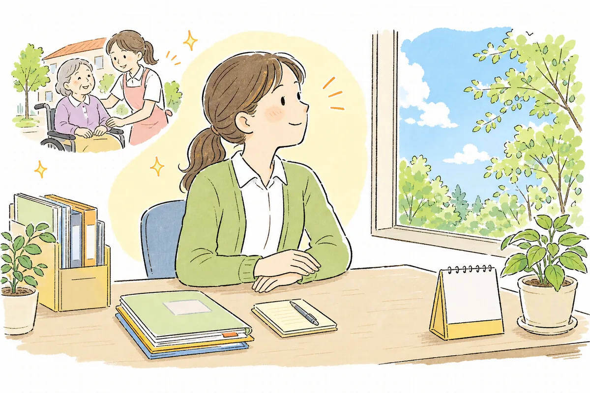 苦情対応と記録を終え、片づいたデスクのそばで晴れた窓の外を見て、肩の力を抜いてやわらかくほほえむ介護事業所の事務担当者