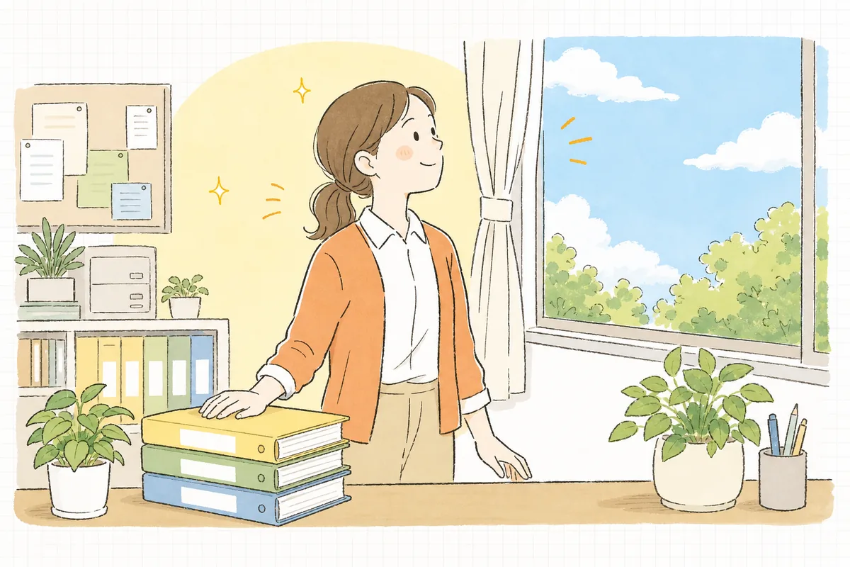 協力医療機関との確認を終えて整った書類のそばで、明るい窓の外を見てほっとひと息ついている介護事業所の事務担当者