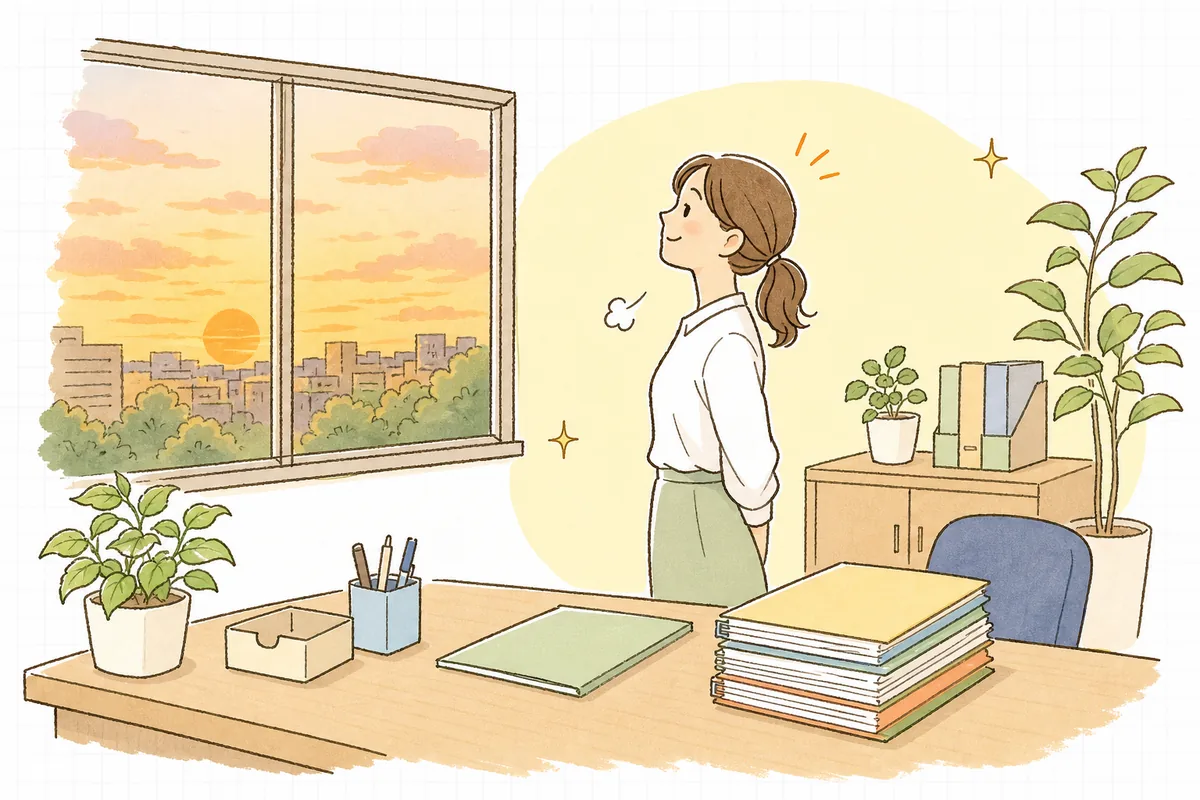 給付管理票を提出し終え、片づいたデスクのそばで窓の外の夕暮れの空を見上げてほっとひと息つくケアマネ事務の担当者