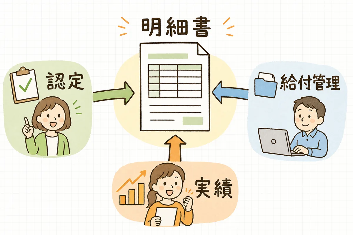 介護給付費明細書を認定情報・給付管理票・実績記録票の三つと突き合わせて確認する流れを示した図