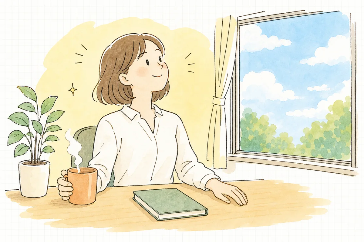 明細書の確認を終え、片づいたデスクで窓の外の明るい空を見てほっと一息つく介護事務の担当者