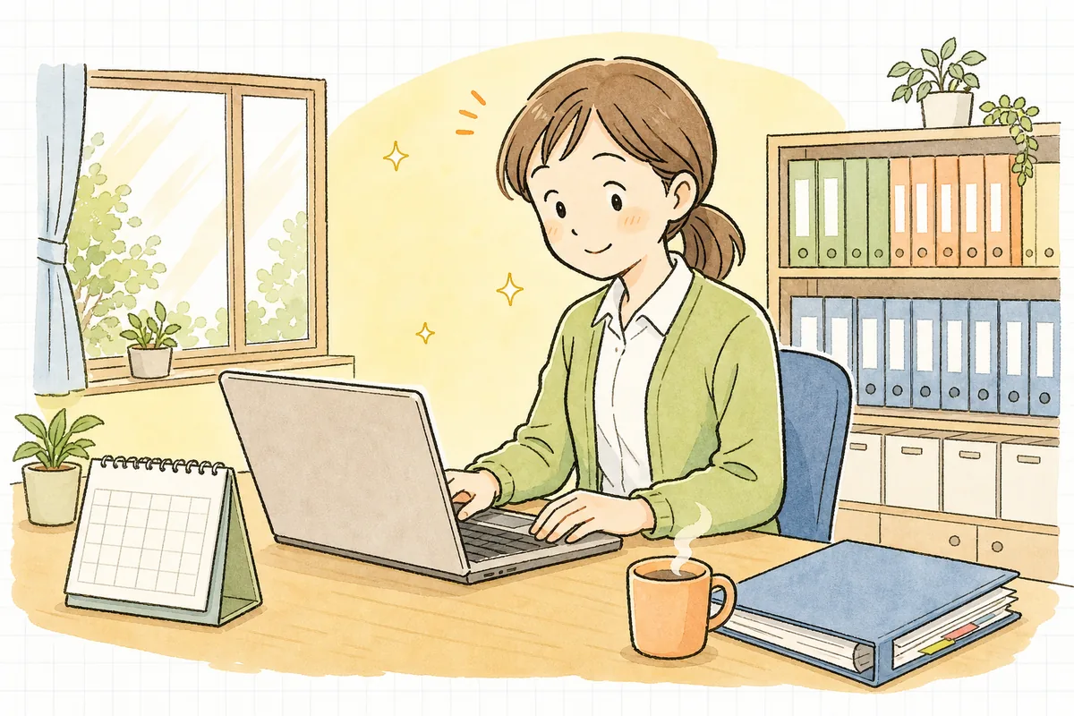 事務デスクでノートパソコンにLIFE提出用の利用者データを入力しながら、提出期限を意識して落ち着いて作業を進める介護事業所の事務担当者