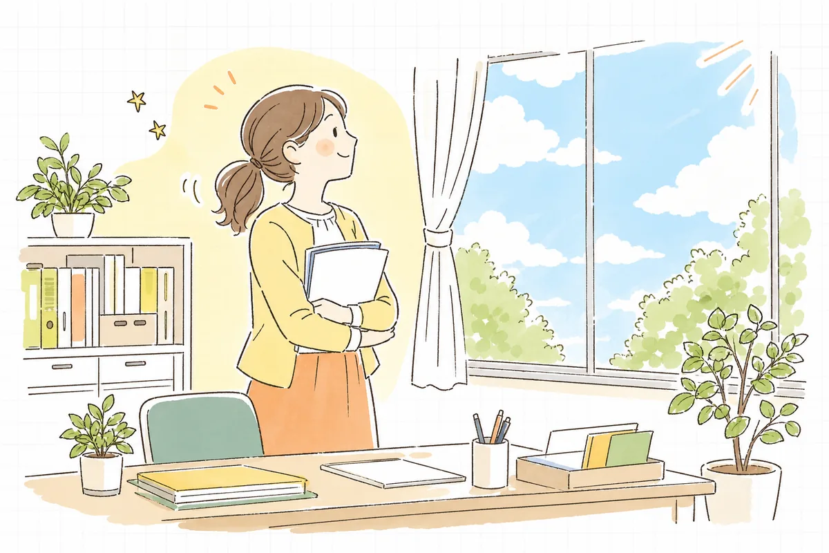提出を終えて片づいた机のそばで、窓の外の明るい空を見上げてほっとひと息つく介護事業所の事務担当者