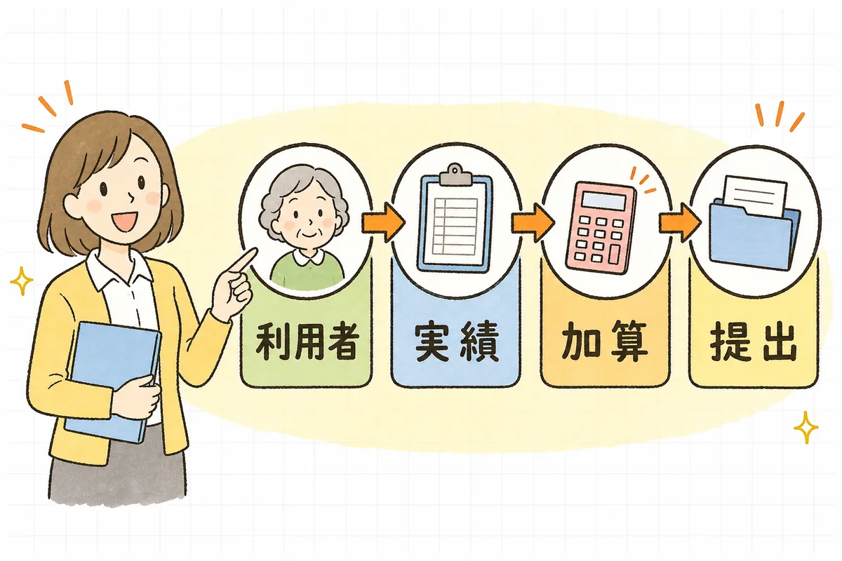 提出前の確認の流れのボードを前に、明るい表情で段階を指し示す介護事業所の事務担当者