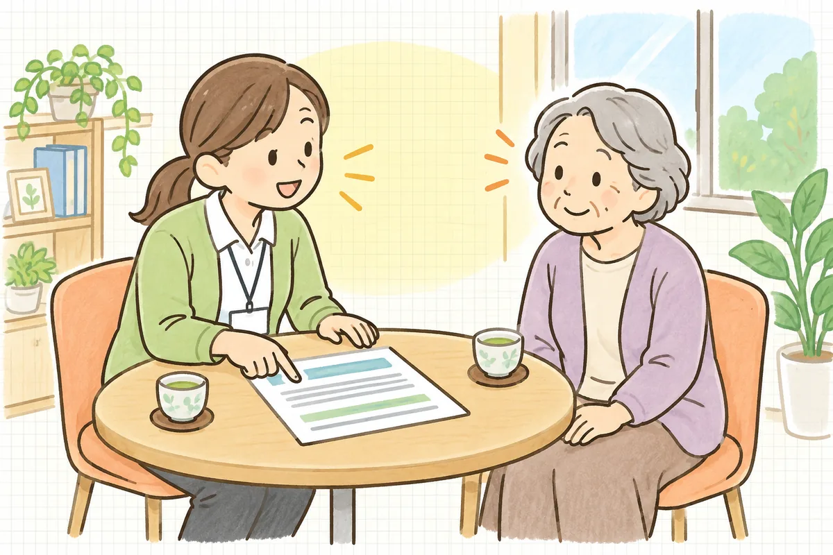 相談室のテーブルで、高齢の女性と向き合い、大きな字の説明資料を指さしながらゆっくり話を聞いている介護事業所の事務担当者