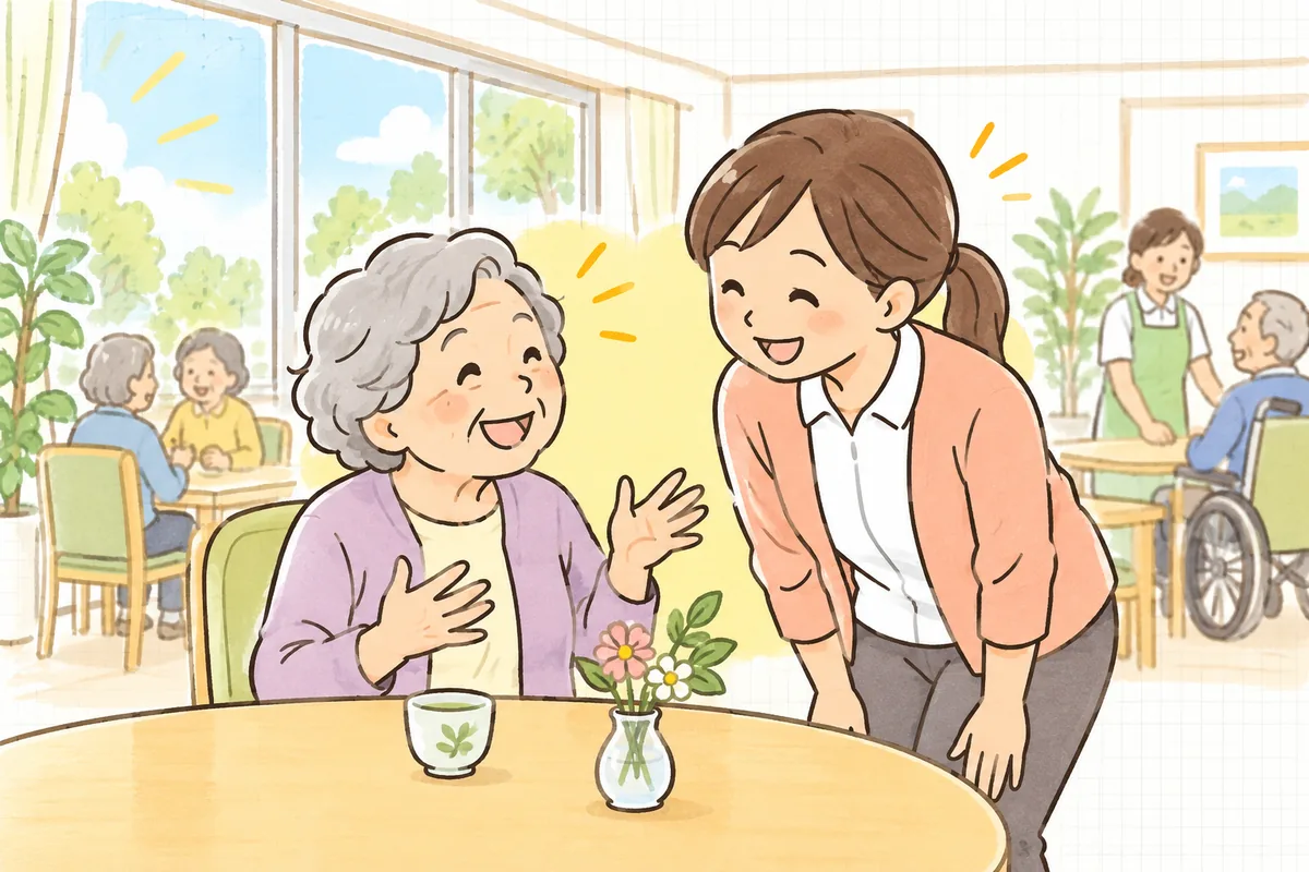 デイサービスの明るいフロアで、高齢の女性が自分で選んだ曜日のことを話し、隣で事務担当者がうれしそうにほほえんでいる場面