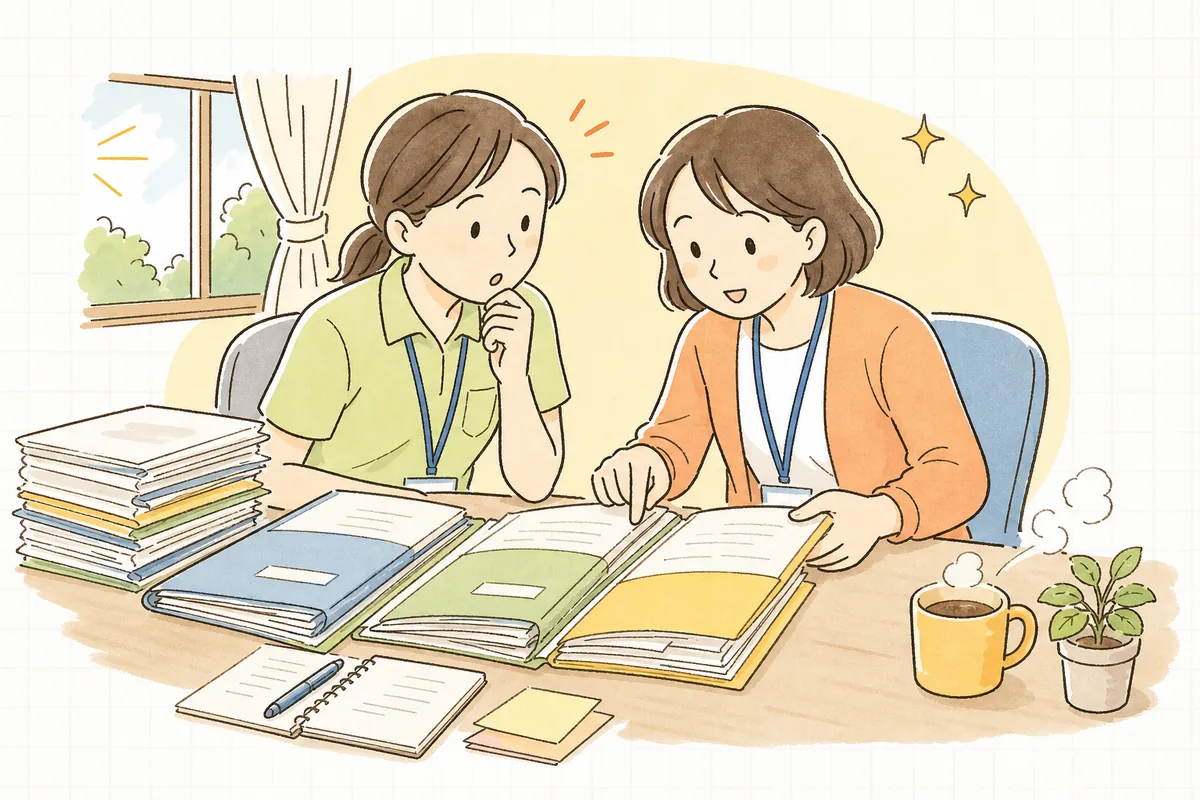 事務室で利用者ごとのファイルを開き、認知症加算の対象になるかを職員と一緒に確認する介護事業所の事務担当者