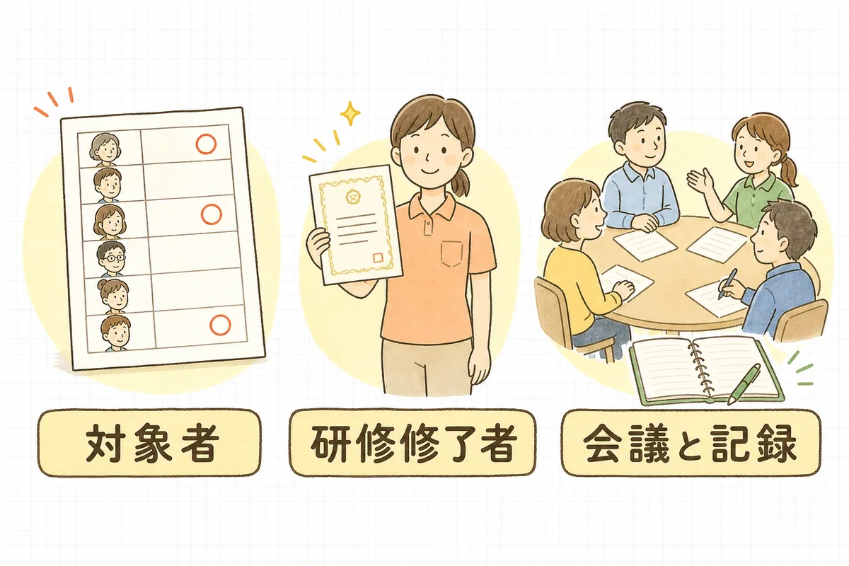 認知症専門ケア加算の要件を、対象者・研修修了者・会議と記録の3つに分けて左から並べて示した図