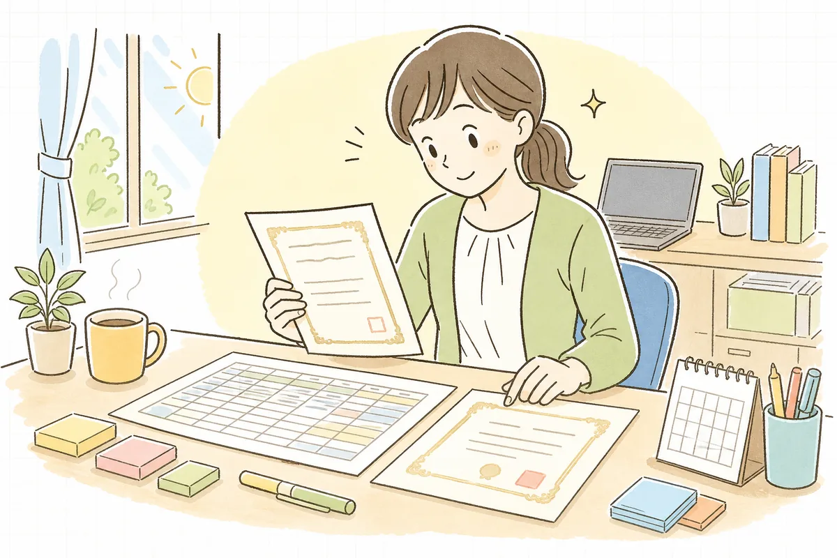 事務室で利用者一覧と職員の研修修了証の写しを並べ、認知症専門ケア加算の要件を満たしているかを確かめている介護事業所の事務担当者