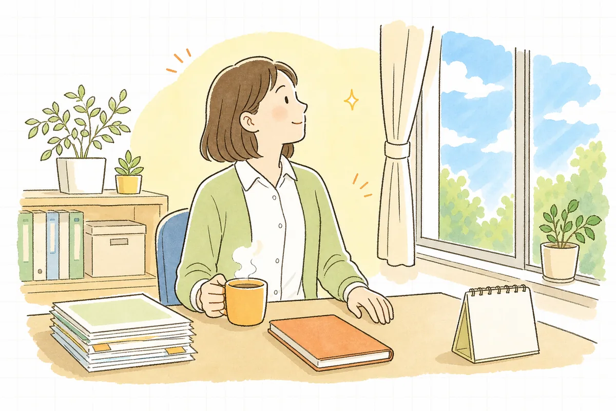 要件の確認を終えて資料をそろえ、事務室の窓から差す朝の光のほうへ顔を上げてほっとしている介護事業所の事務担当者