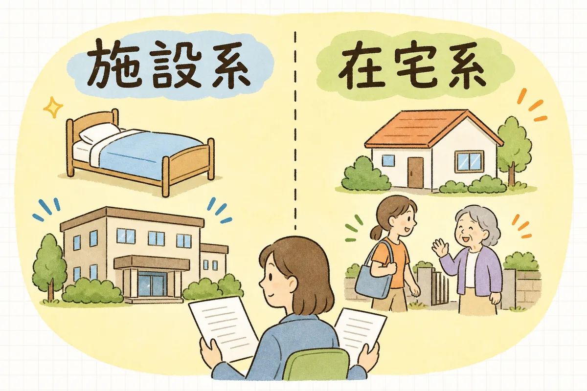 入院時の請求の考え方が、施設系サービスと在宅系サービスで分かれることを左右に示した概念図