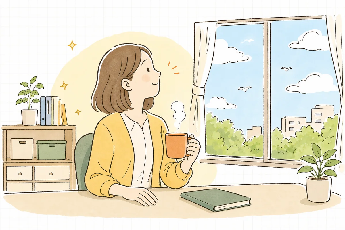 入院連絡への対応をひと通り終え、片づいたデスクのそばで窓の外の朝の空を見上げてほっと一息つく介護事業所の事務担当者
